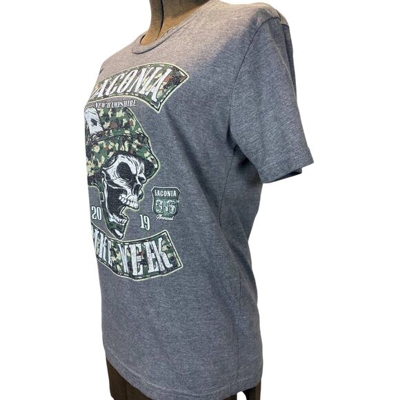 Laconia New Hampshire‎ 2019 Biker Week Mens T-Shirt (S) Gray Harley Camo Skull - Picture 2 of 6